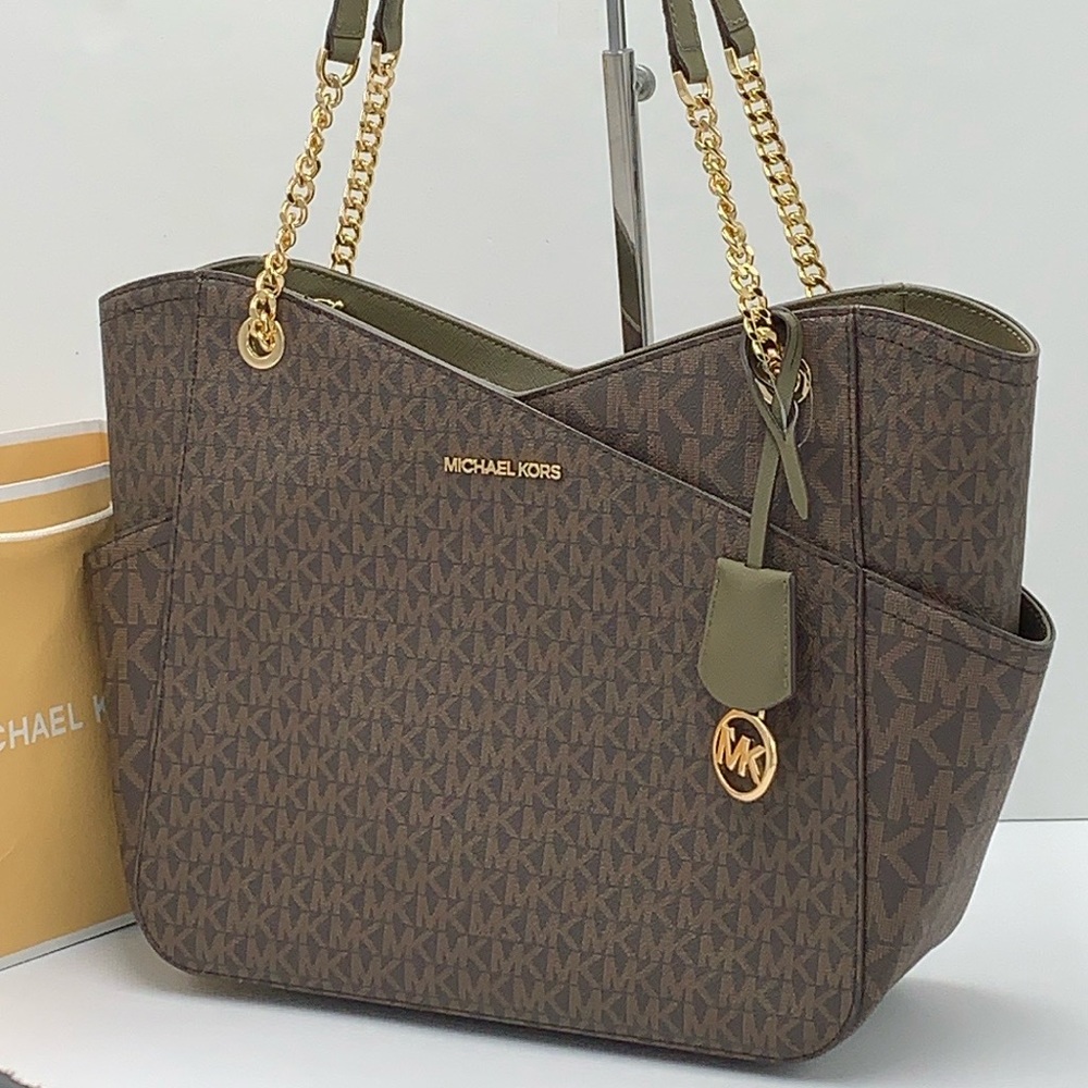 MICHAEL KORS 
Jet Set Large Logo Tote Chain Shoulder Bag 
COLOR OLIVE 
NWT - Picture 14 of 16